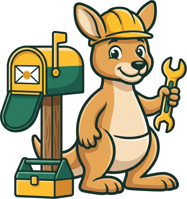 Roo the kangaroo in a hard hat beside a letterbox