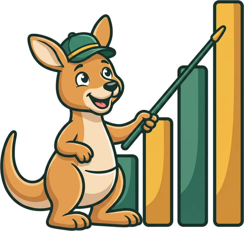 Roo the kangaroo pointing at a rising chart