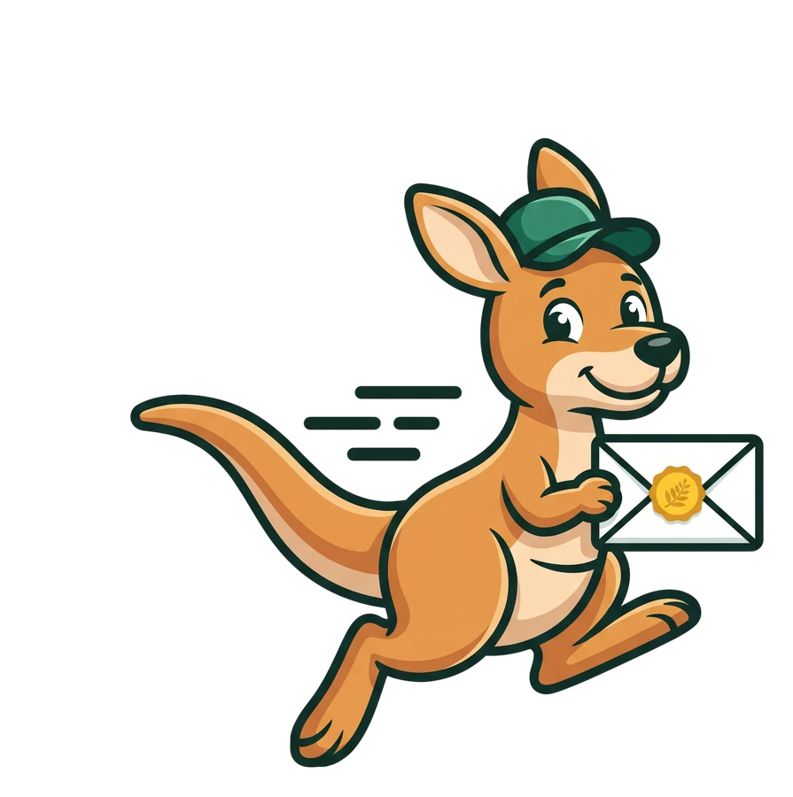 Roo the kangaroo hopping with an envelope