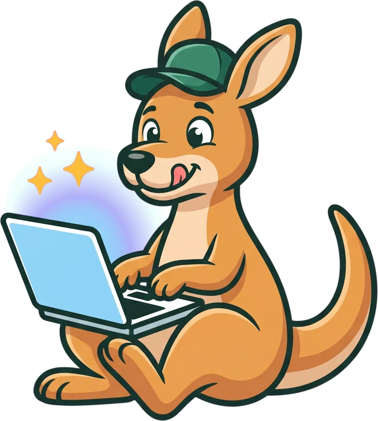 Roo the kangaroo typing on a laptop