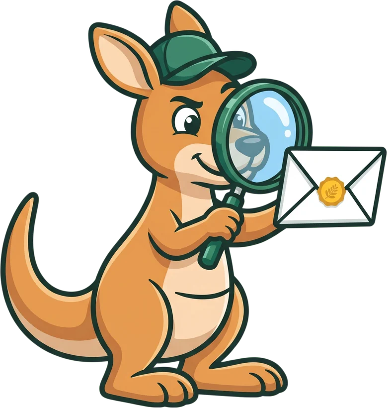 Roo the kangaroo checking an envelope with a magnifying glass