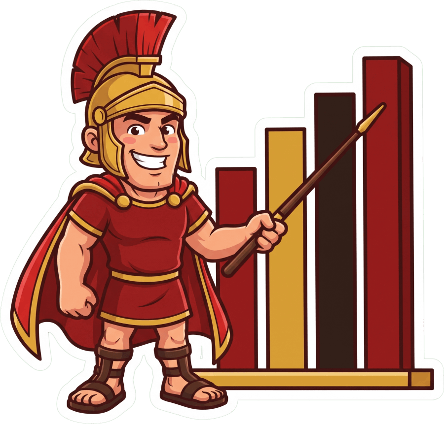 Maximus pointing at a rising chart